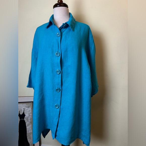 LaBass Tunic Top Women Size 2X Sky Blue Short Sleeves Buttons 100% Linen Italy - Picture 2 of 12